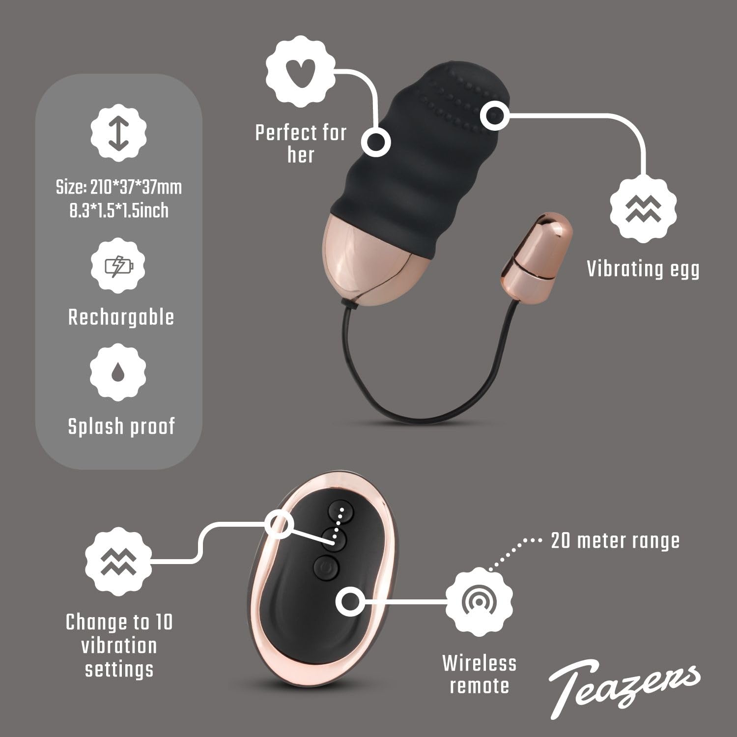 Teazers Uovo Vibrante con Telecomando Wireless - Vibratore Wireless con Creste per una Stimolazione Extra - Telecomando Wireless con Portata Fino a 20 Metri - Nero