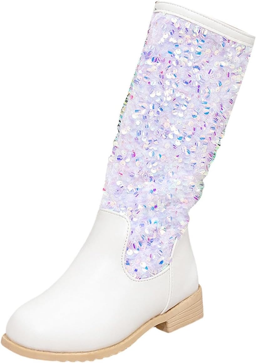 Glitter Mid Calf Boots for Girls Kids Western Cowboy Shoes with Side Zipper Soft Sole Fall Winter Trendy Long Boots