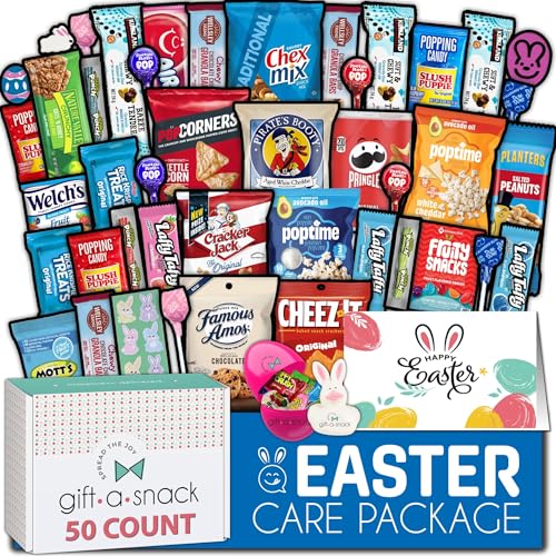 Image of Gift A Snack - Easter Filled Egg & Bunny - Snack Box Variety Pack Care Package + Greeting Card (50 Count) Sweet Treats Gift Basket, Candies Chips Crackers Bars - Office Food Assortments
