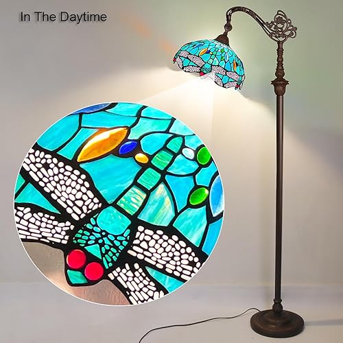 Miniatura 5 de Capulina Tiffany - Lámpara de pie estilo libélula de hierba marina, vitral, arqueada, cuello de cisne, lámpara de pie de ángulo ajustable para sala