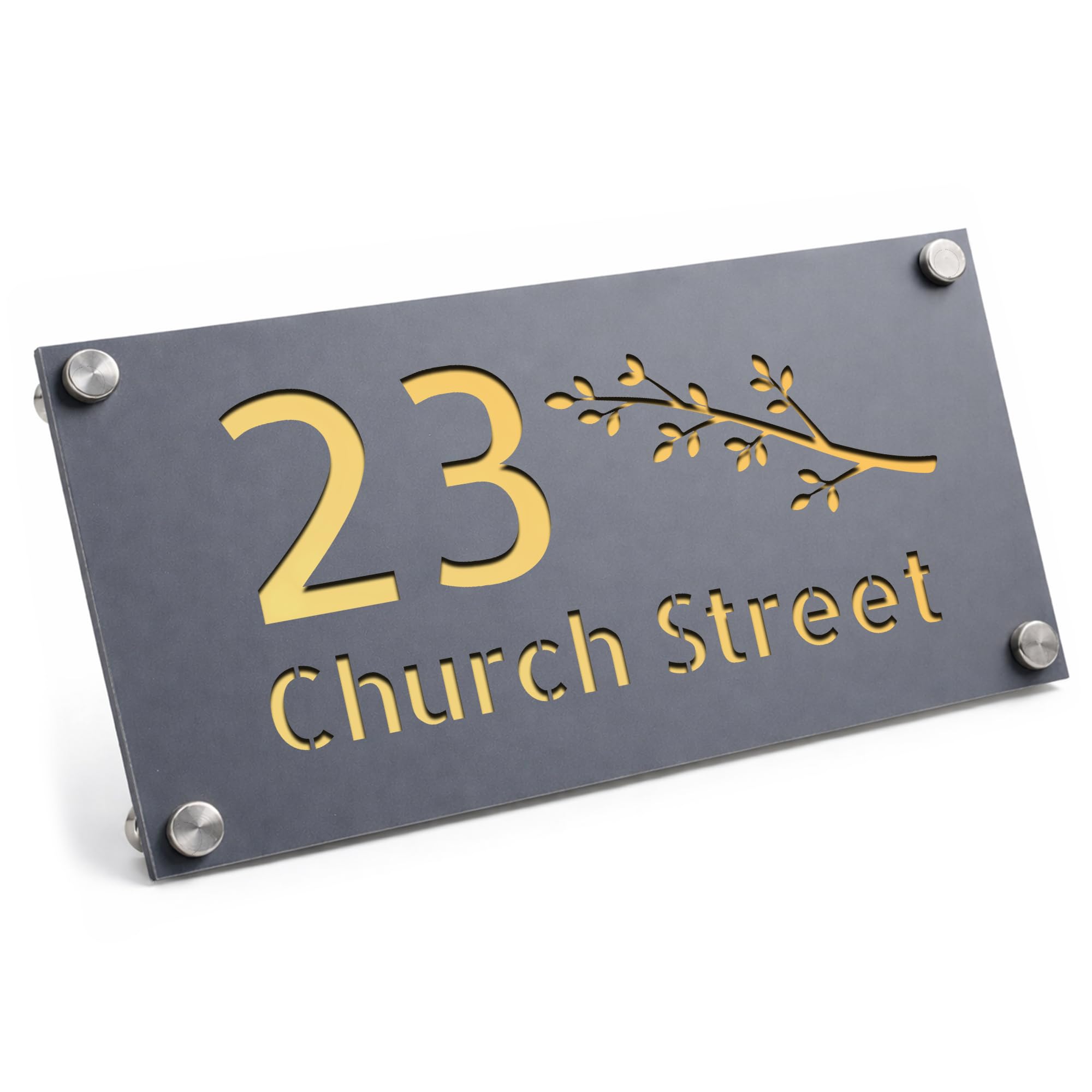 Red Ocean House Number Plaques - Matt Grey House Sign Plaque | Door Number For Outside Wall | Personalised Address Signs | Street Address Plaques (Grey With Gold Back)