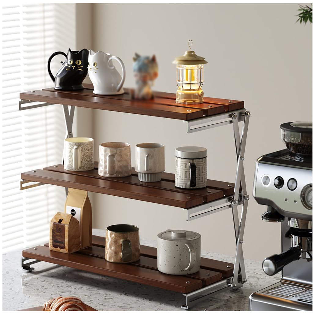 QDZC 3 Layer Solid Wood Fold Coffee Mug Display Rack Wooden Cup Holder Countertop Kitchen Storage Shelf Spice Jar Organizer for Home Office Coffee Station Bar 30cm