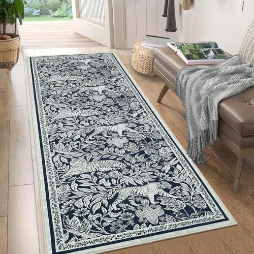 Garvee Washable Modern 2x6 Runner Rug Blue Hallway Runner Indoor Contemporary Throw Carpet Soft Floral Foldable Thin Mat with Tiger and Leaf Print Non