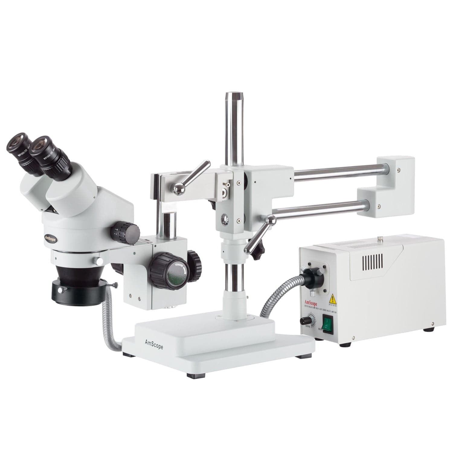 AmScope SM-4BZ-FOR Glasfaser-Ringlicht-Zoom-Stereomikroskop auf Zweiarmigem Auslegerständer, 3.5X-90X, Weiß