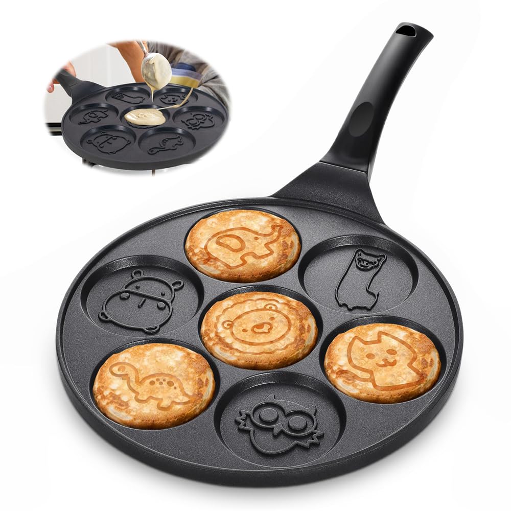 Sponsored Ad – Azonee Nonstick Griddle Pan, Pancake Maker with 7-Cup Animal Mold for Kids, Mini Pancake Pan, Blini Pan for Cakes, Duck Black, 10 Inch