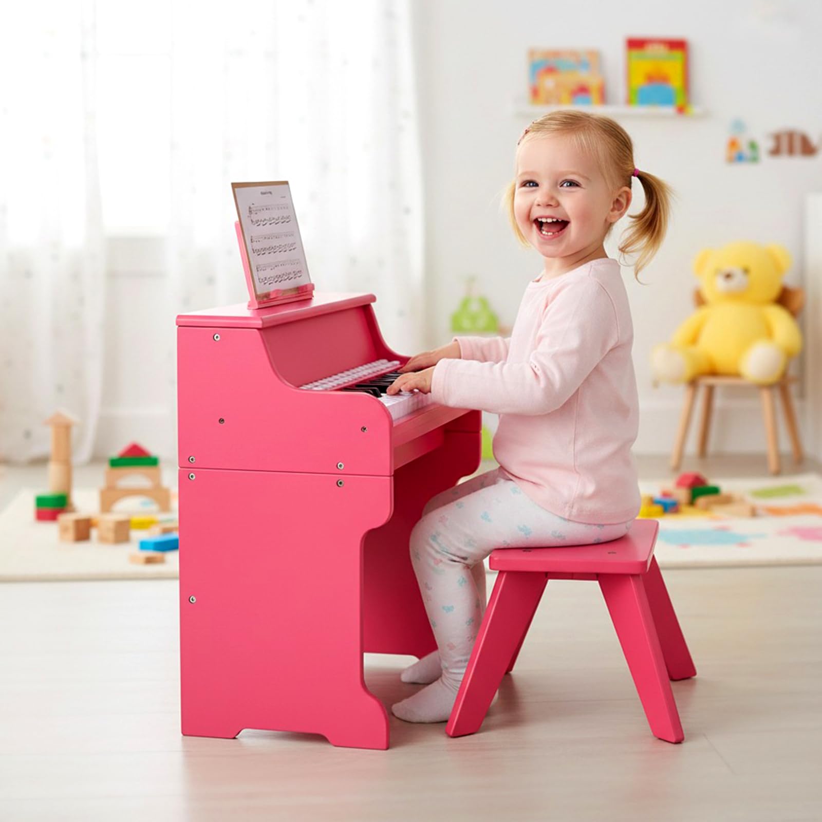 GYMAX Pianoforte Digitale in Legno per Bambini, Tastiera a 25 Tasti con Leggio, Sgabello, Tasti Illuminati, Modalità Didattica, 6 Strumenti e 8 Percussioni, Strumento Musicale (Rosa)