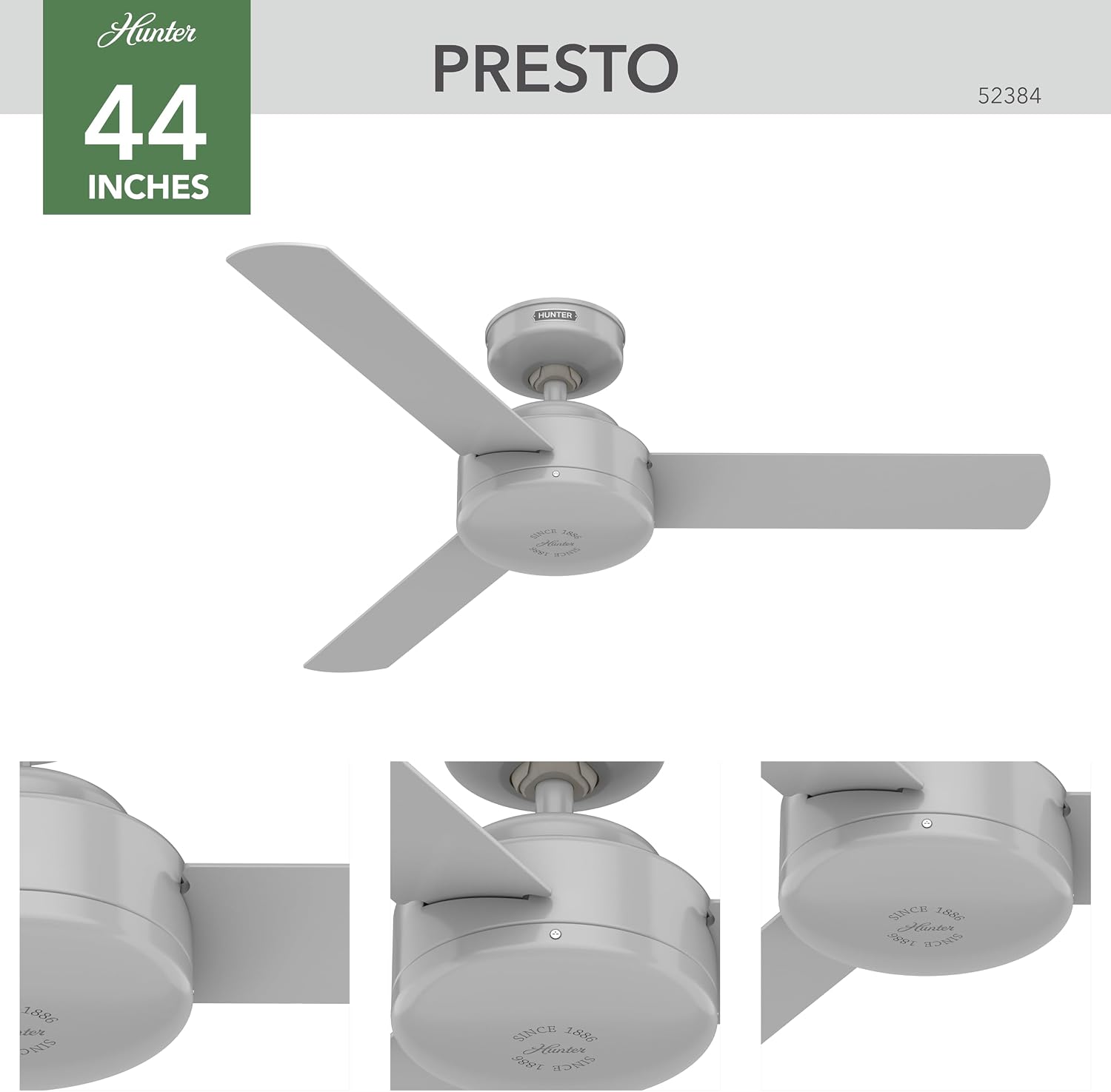 Hunter 44 inch Indoor Ceiling Fan No Light - Modern Ceiling Fan without Light, 3 Blades, Standard Mount, For Bedroom, Living Room, or Kitchen, Wall Control - Presto 52384, Dove Grey