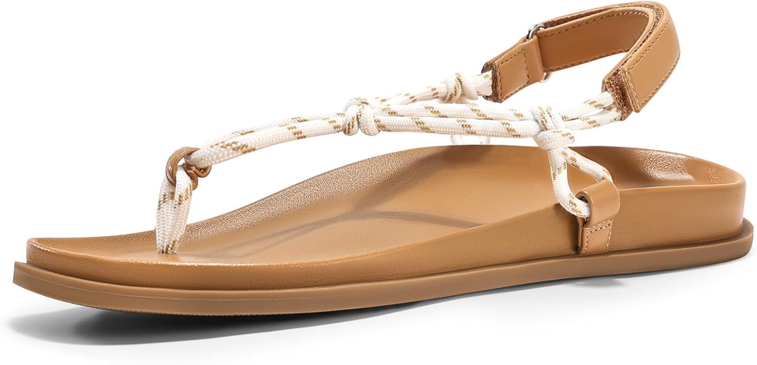 Coutgo Womens T Strap Flat Sandals Open Toe Flip Flops Adjustable Ankle Strap Summer Beach Thong Shoes - Image 4