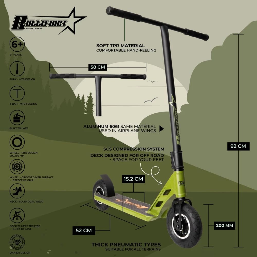 NKD Stunt Scooter Bullit Dirt | Pneumatici da 200 mm | Robusto alluminio 6061 | Progettato per durare a lungo con cuscinetti ABEC-9 | Manubrio a 360°