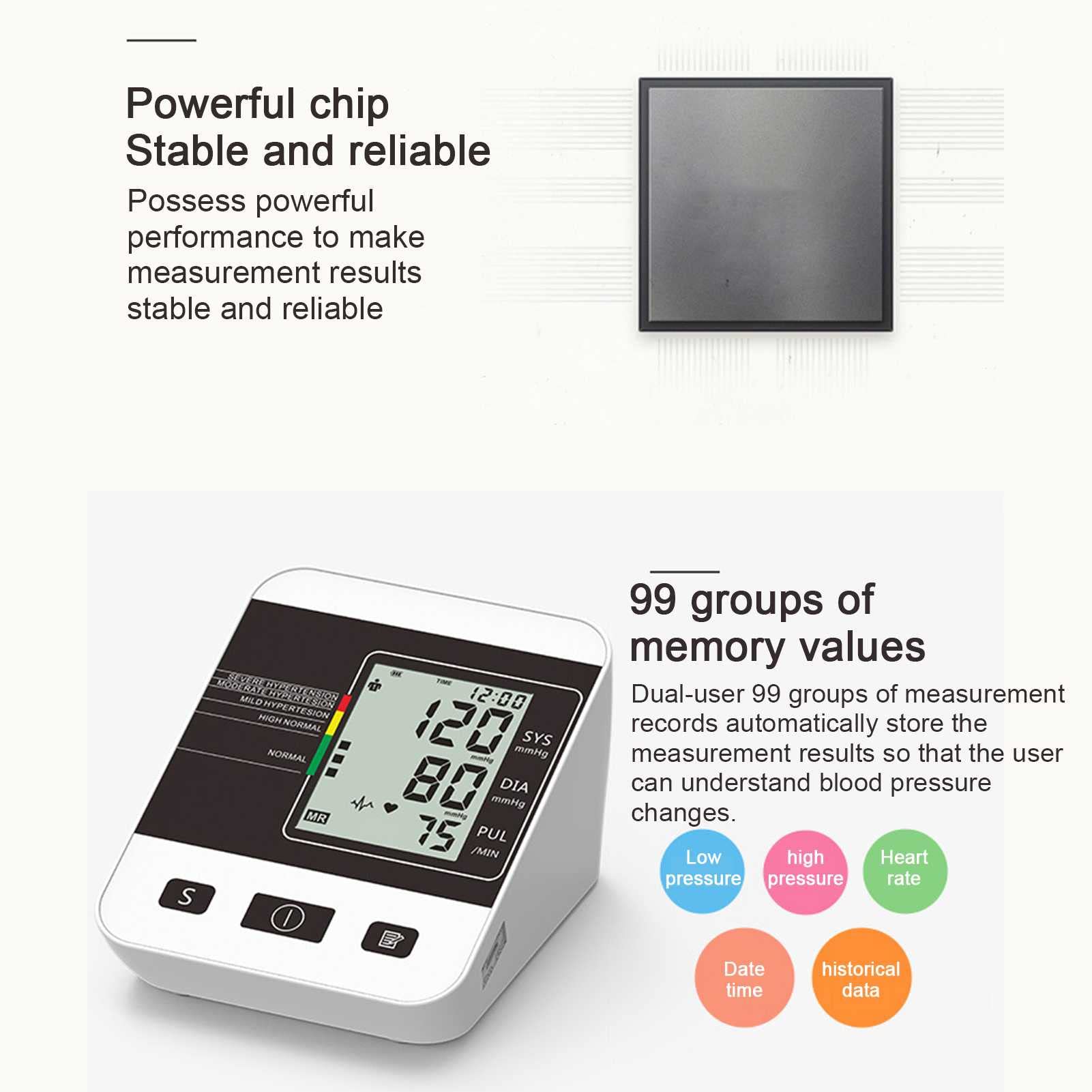 Esfigmomanómetro electrónico de Brazo Superior, 2 * 99 Grupos de Almacenamiento de Datos, Pantalla Digital LCD, medición de una tecla, Monitor de presión Arterial automático para el hogar