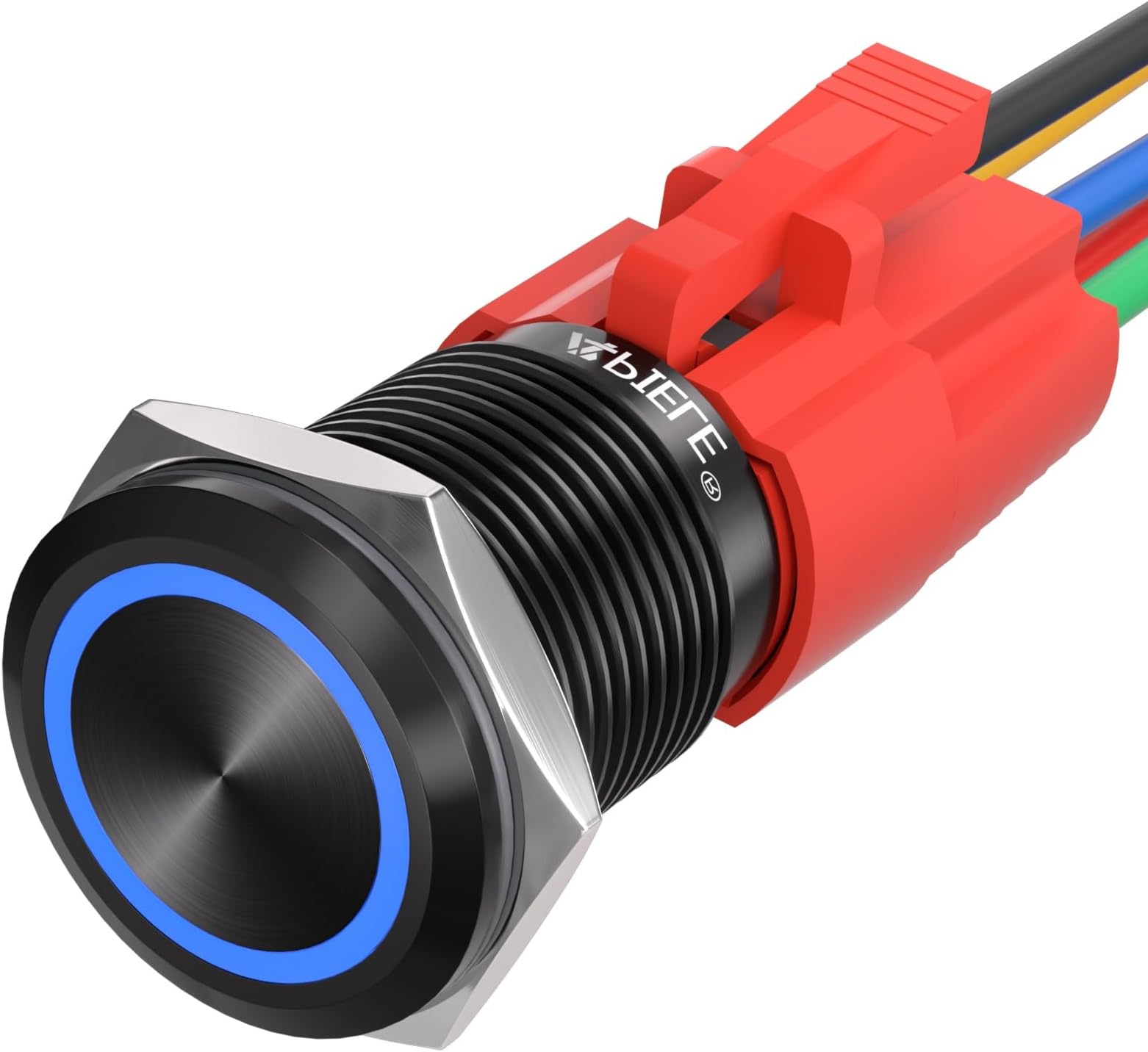 APIELE 16mm Momentary Black Push Button Switch On Off with 12V LED Angel Ring Head for 16mm 0.63" Mounting Hole with Wire Socket Plug Self-Reset (Blue/Black Shell)