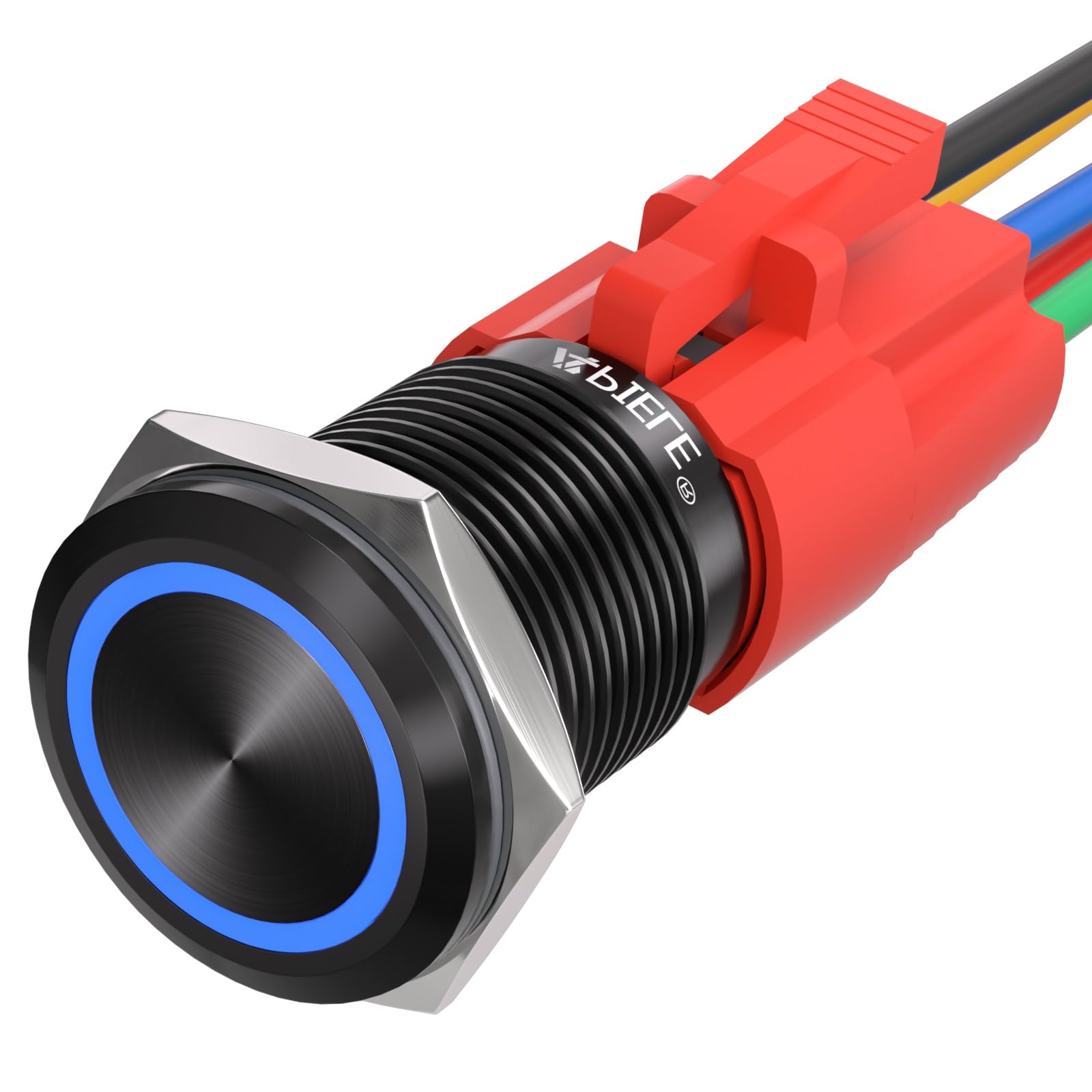 APIELE 16mm Momentary Black Push Button Switch On Off with 12V LED Angel Ring Head for 16mm 0.63" Mounting Hole with Wire Socket Plug Self-Reset (Blue