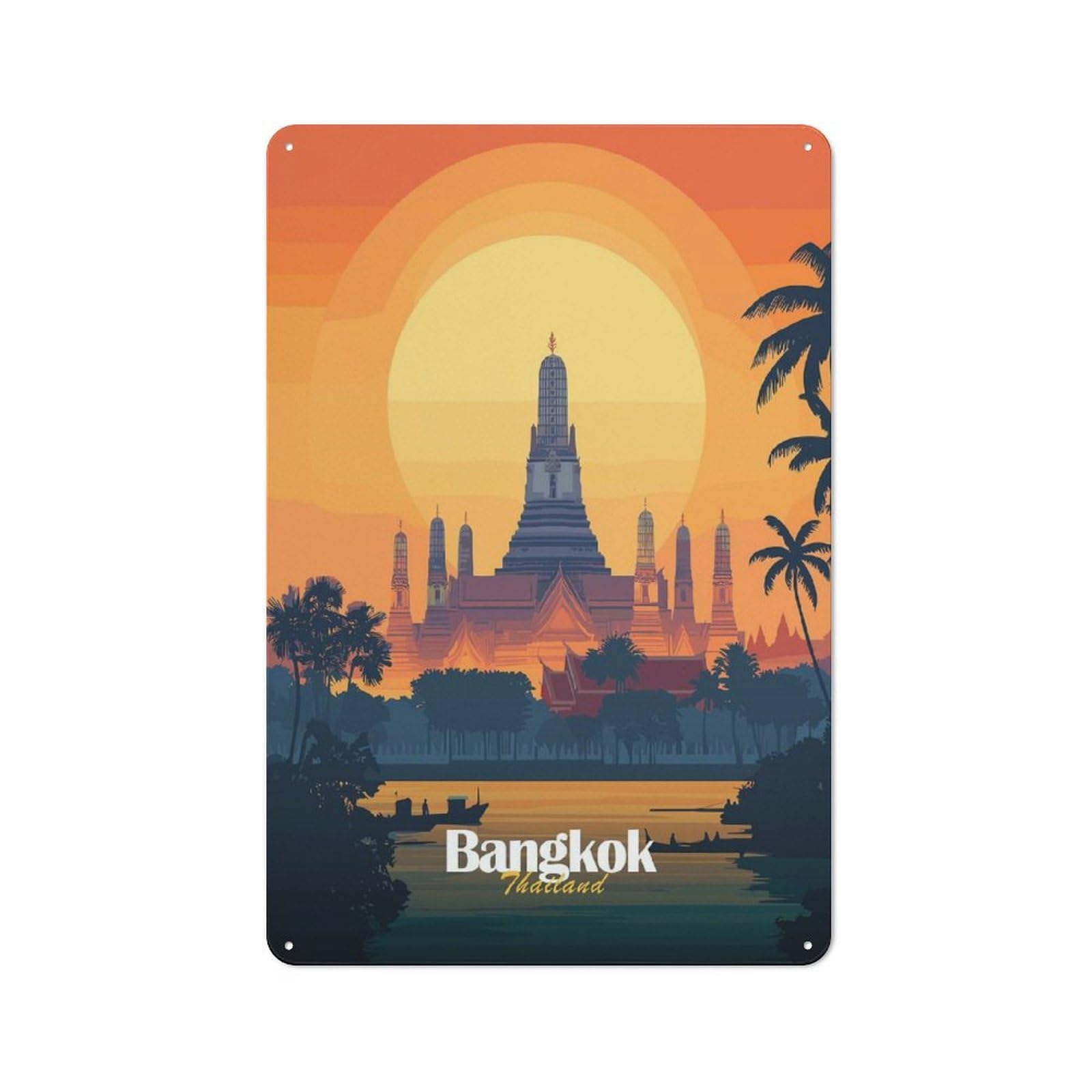 Junmoney Style-21 Bangkok Sunset Temple Tin Wall Plaque 30X20cm, Barn Style Rustic Kitchen Decor For Farmhouse Kitchen, Pantry Or Dining Area