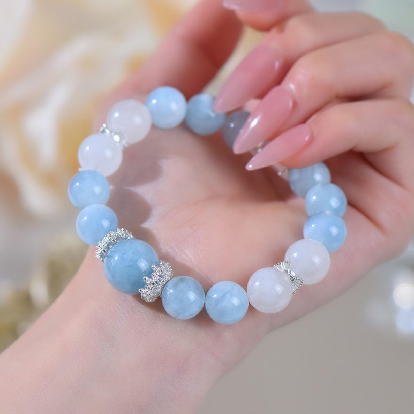 Bracciale naturale con pietra preziosa acquamarina, perline di pietra lisce | Bracciale per meditazione Reiki, gioielli con perline in pietra naturale, perline rotonde lisce in pietre preziose