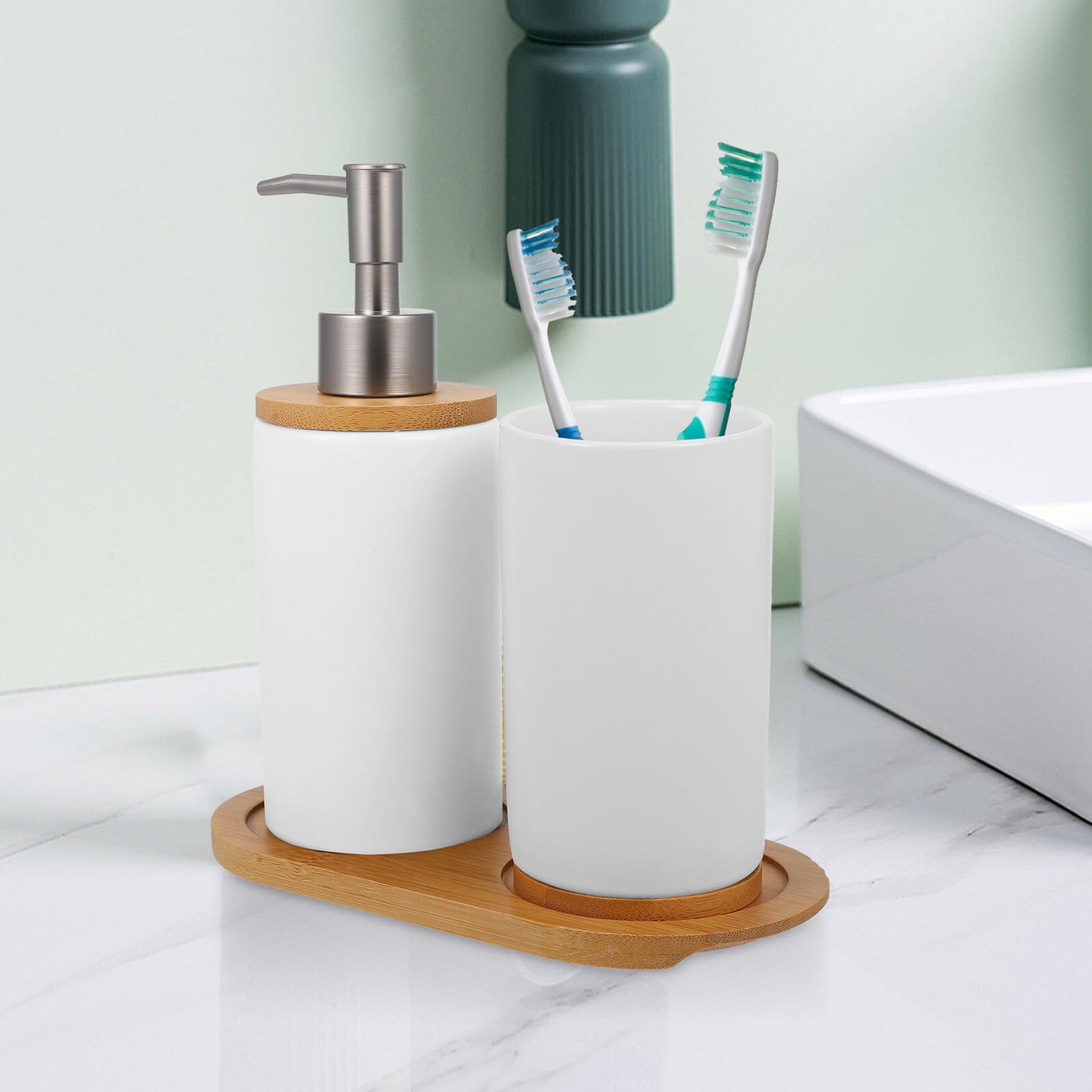 Accessori Bagno in Ceramica Bianca con Dispenser Sapone Portaspazzolini e Vassoio Design Nordic Compatto per Organizzazione e Viaggi Materiale Durevole e Superficie Liscia
