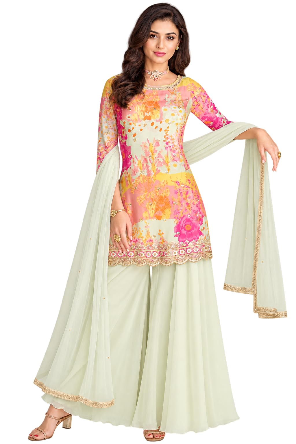 Xomantic Fashion Women's Mint Green Floral Print Kurta Set Pack of 3 - Image 1