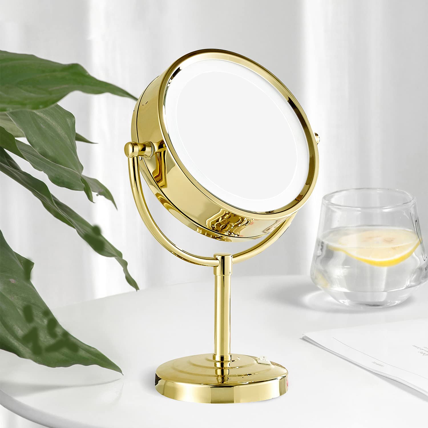 DOWRY Specchio Trucco con Luci da Tavolo Oro Specchio Ingranditore 5x - Luci a 3 Colori - Bifacciale - Rotondo - con Spina,Diametro 21.5 cm