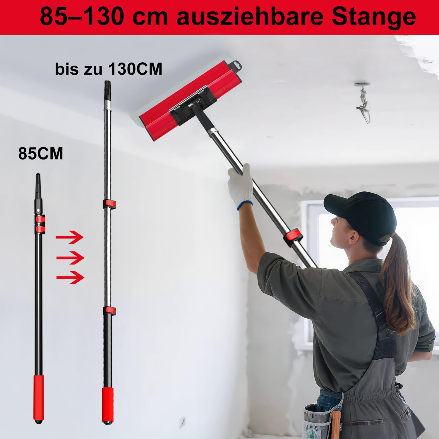 Juego de espátulas de superficie (25 cm, 40 cm, 60 cm), poste telescópico de 76 cm a 160 cm, herramienta profesional para alisar paredes y techos, rojo | Juego de espátulas profesionales