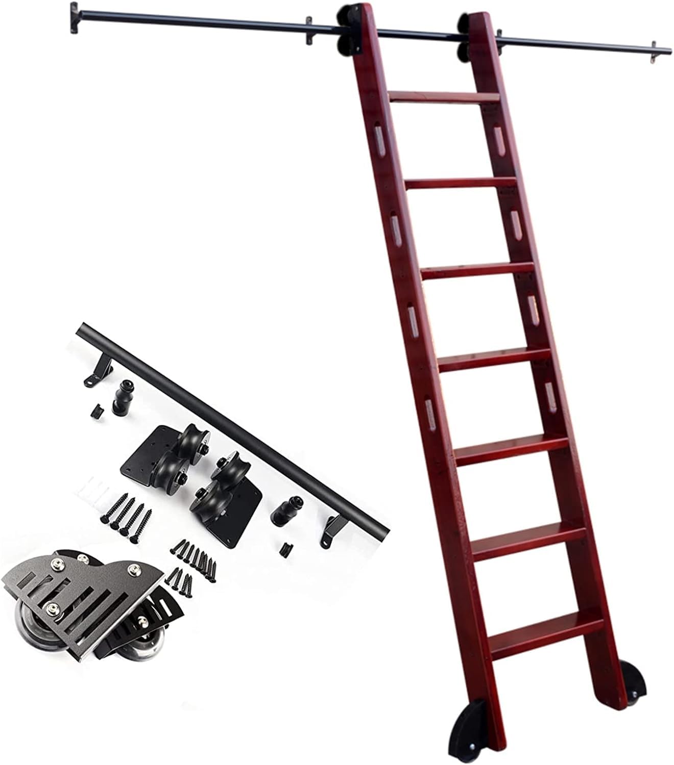 LWJSOCP 3.3ft-20ft Retractable Rolling Ladder Hardware Library Sliding Ladder Kit, Sliding Ladder Barn Door Kit Round Track with Floor Roller Wheels (No Ladder) (Size : 20ft/600cm Track kit)