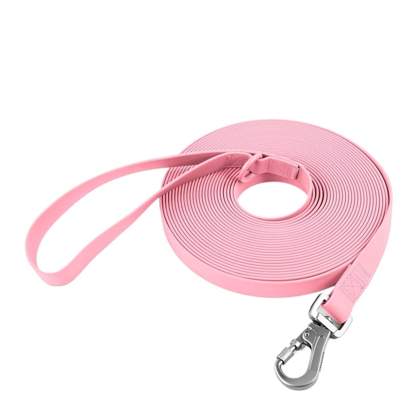 Laisse longue en PVC rose idéale pour éduquer votre chien à la plage ou en forêt