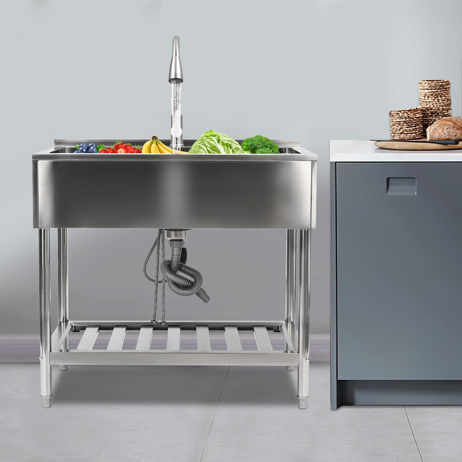 Commercial Stainless Steel Sink, Single Bowl Freestanding Kitchen Utility Sink Washing Hand Basin W/Faucet & Storage Rack Hot And Cold Dual Tap For Restaurant Laundry Garage. (36 * 23 * 34in)