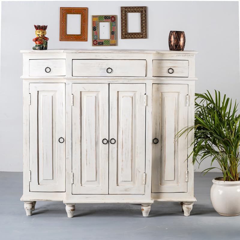 Image of Harvey Wooden Sideboard Cabinet for Living Room | Antique Wooden Cabinet for Storage Organizer with Doors | Cabinet for Home | Wooden Storage Furniture for Home | White Distress