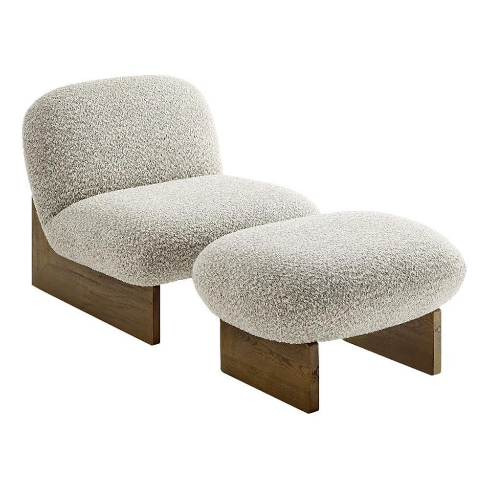 Modway Loyal Boucle Fabric Accent Chair with Ottoman in River Rock Walnut - Comfy Modern Armless Lounge Chair with Footrest - Upholstered Round Sofa