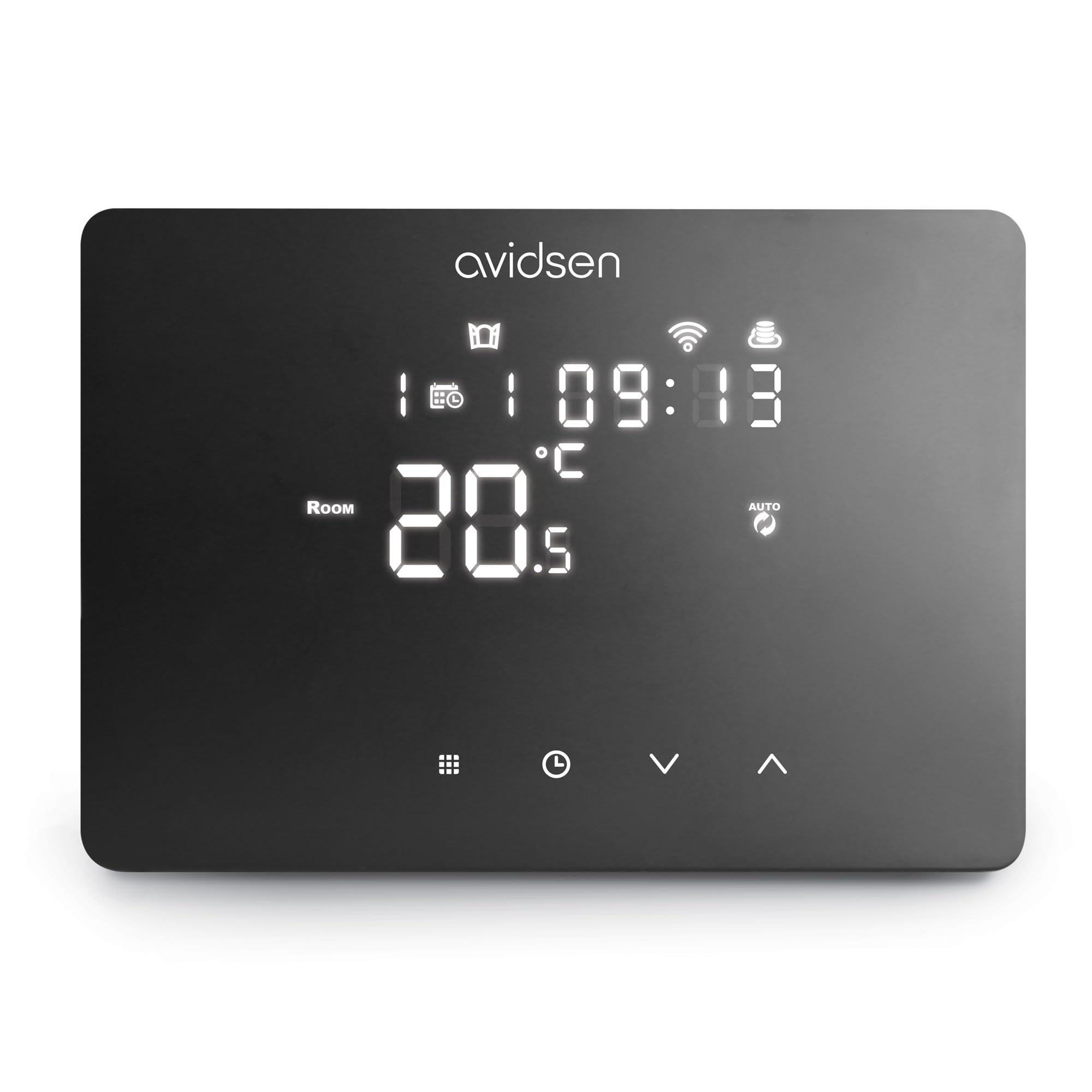 Avidsen WLAN‑Raumthermostat Schwarz für Heizkessel, App‑Steuerung | Schwarz | 230 V | potentialfreier Kontakt | 2,4 GHz WLAN | Wochenprogramm | 0,5 °C | Frostschutz | Touchdisplay
