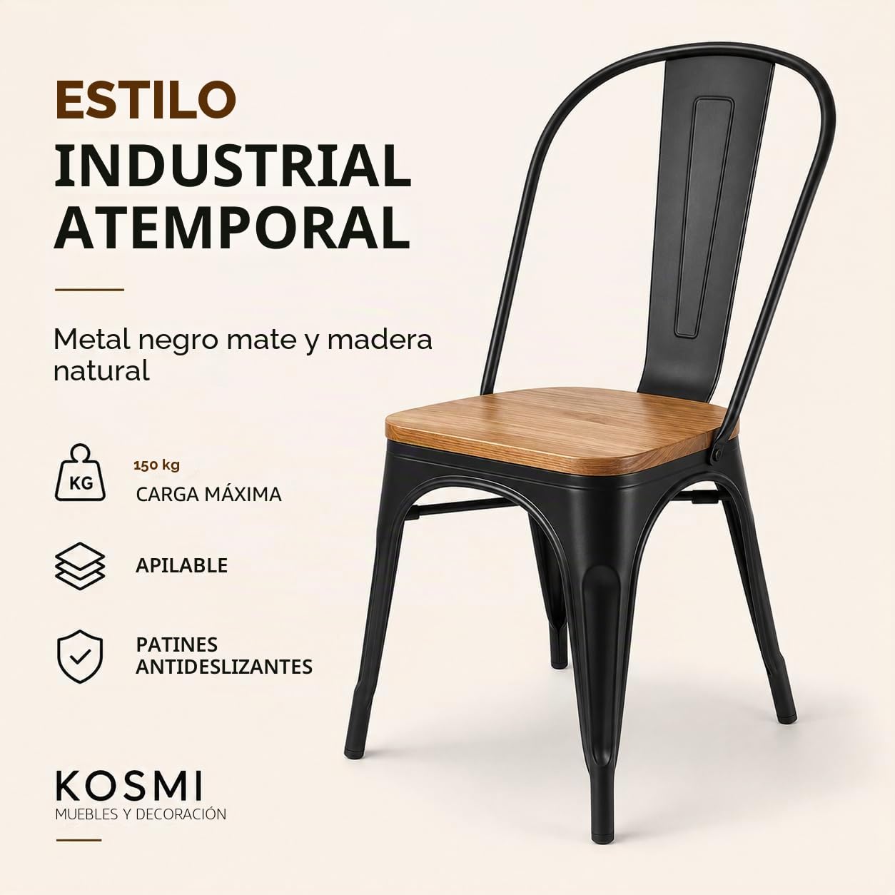 Kosmi - Juego de 4 sillas de Metal Negro y Madera Clara Asiento de fábrica de Estilo Industrial de Metal Negro Mate y Madera Clara
