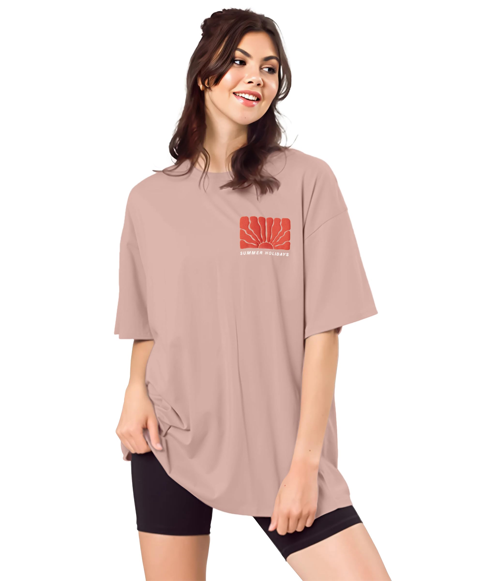 SHODOX® Camiseta de mezcla de algodón con hombros caídos estampada para mujer, suave, transpirable y ligera, ajuste holgado, elegante para niñas con estampado gráfico de primera calidad