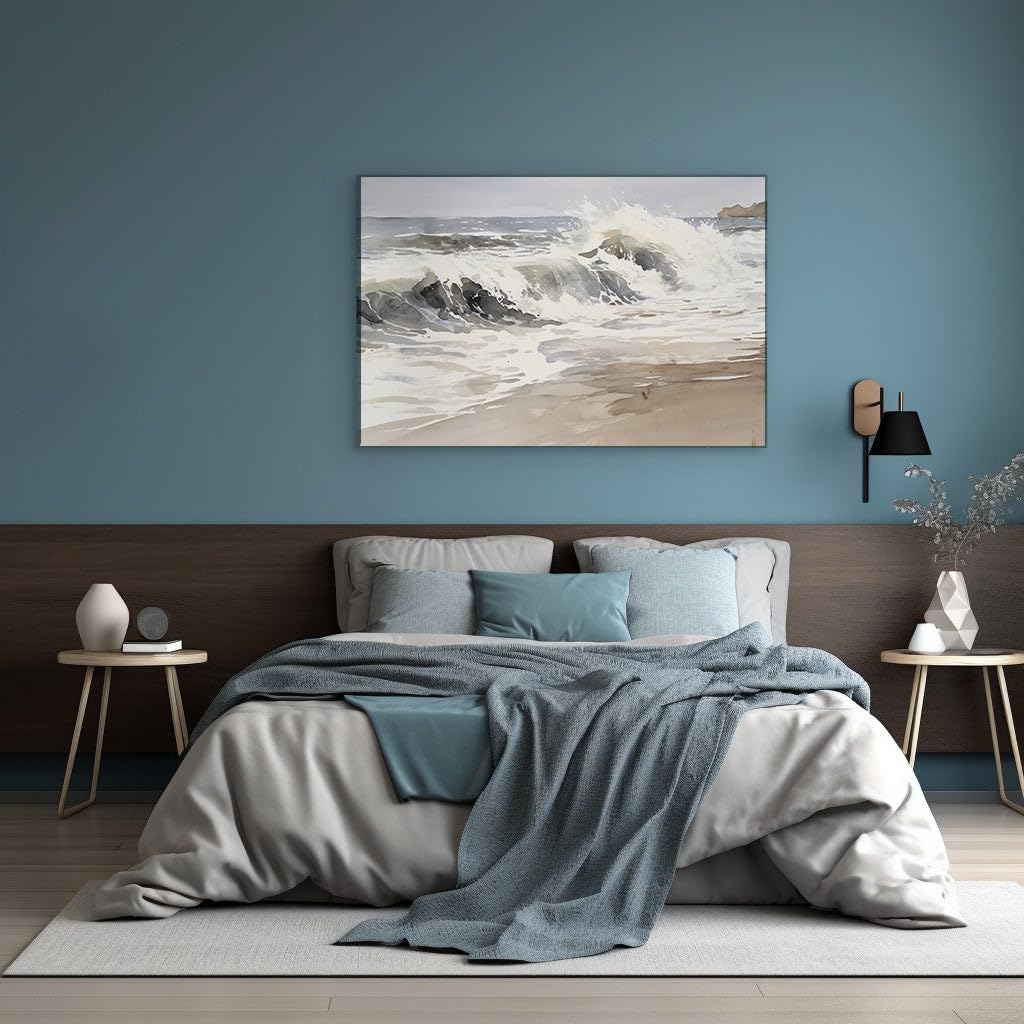 Canvas for Living room. Crashing Waves and Brooding Skies: Capturing the Serenity of a Beachscape in Monochrome, 27 x 18 inch Canvas Wall Art - Contemporary Masterpieces - Modern Home Decor