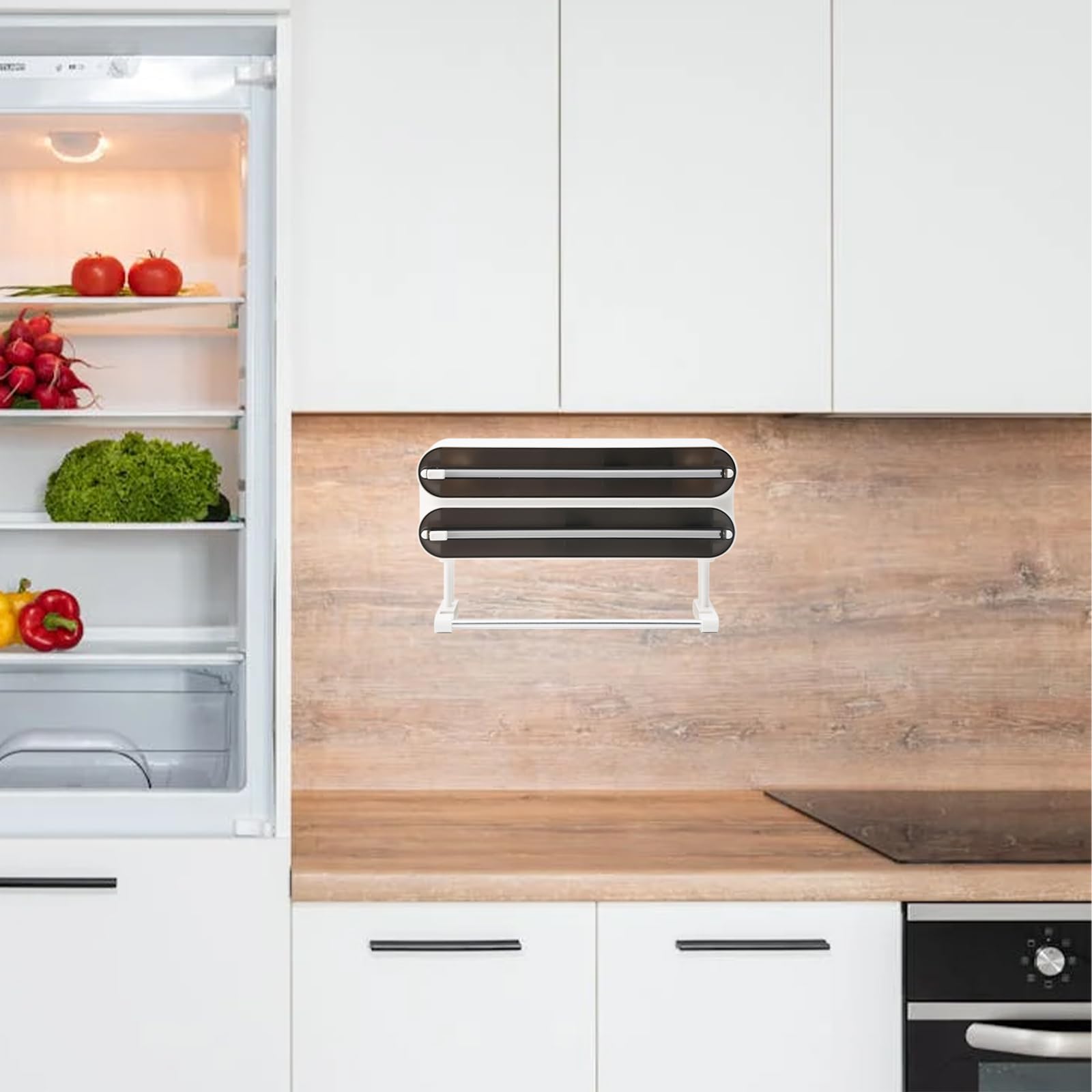 Derouleur Film Alimentaire Magnétique avec Port Essuie Tout - Support Sopalin Mural pour 3 Rouleaux - Coupeur pour Cuisine, Distributeur Papier Aluminium et Film avec Porte Sopalin, Noir