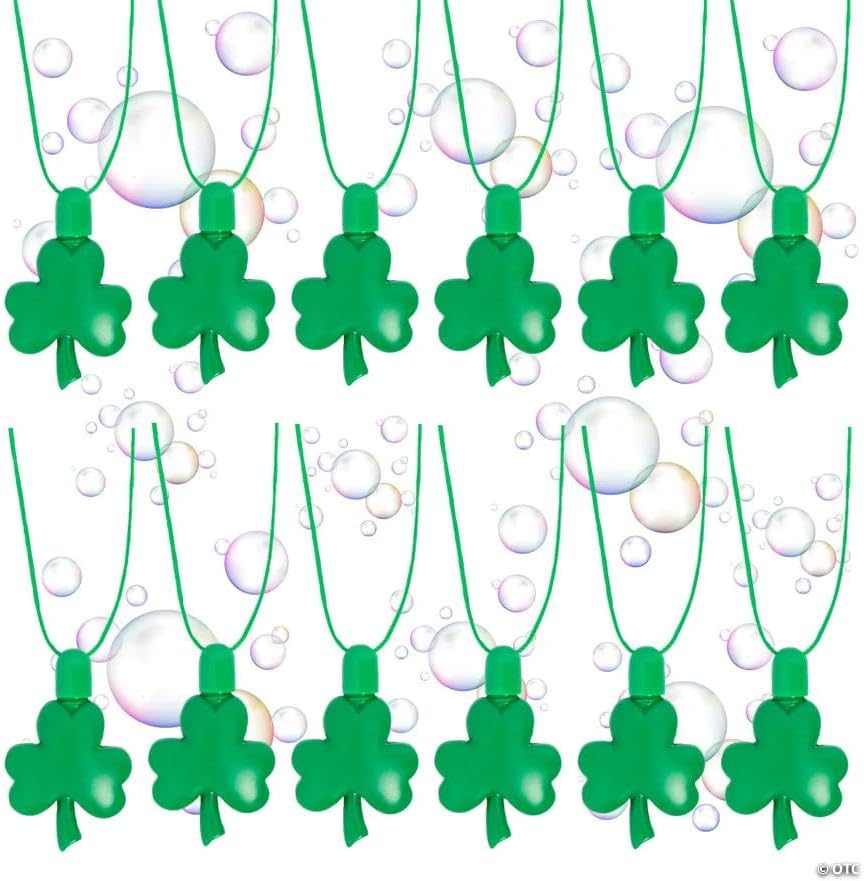 Fun Express 2 3/4" St. Patrick's Day Shamrock-Shaped Plastic Bubble Bottle Breakaway Necklaces – 12 Pieces