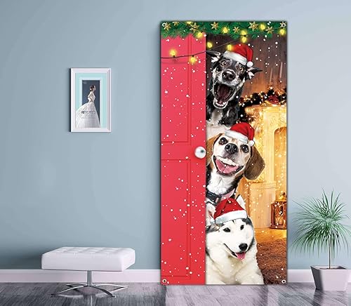 Miniatura 4 de Divertida cubierta de puerta de Feliz Navidad Cartel grande y lindo de perros de Papá Noel para decoración de puerta delantera Fondo de fotografía