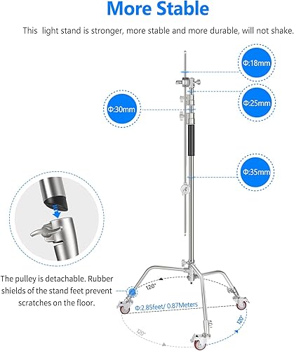 Miniatura 4 de NEEWER Soporte de luz Pro 100% metal C con ruedas, altura máxima 10.8 pies/129.9 in soporte reflector ajustable con brazo de pluma de 4 pies/47.2 in