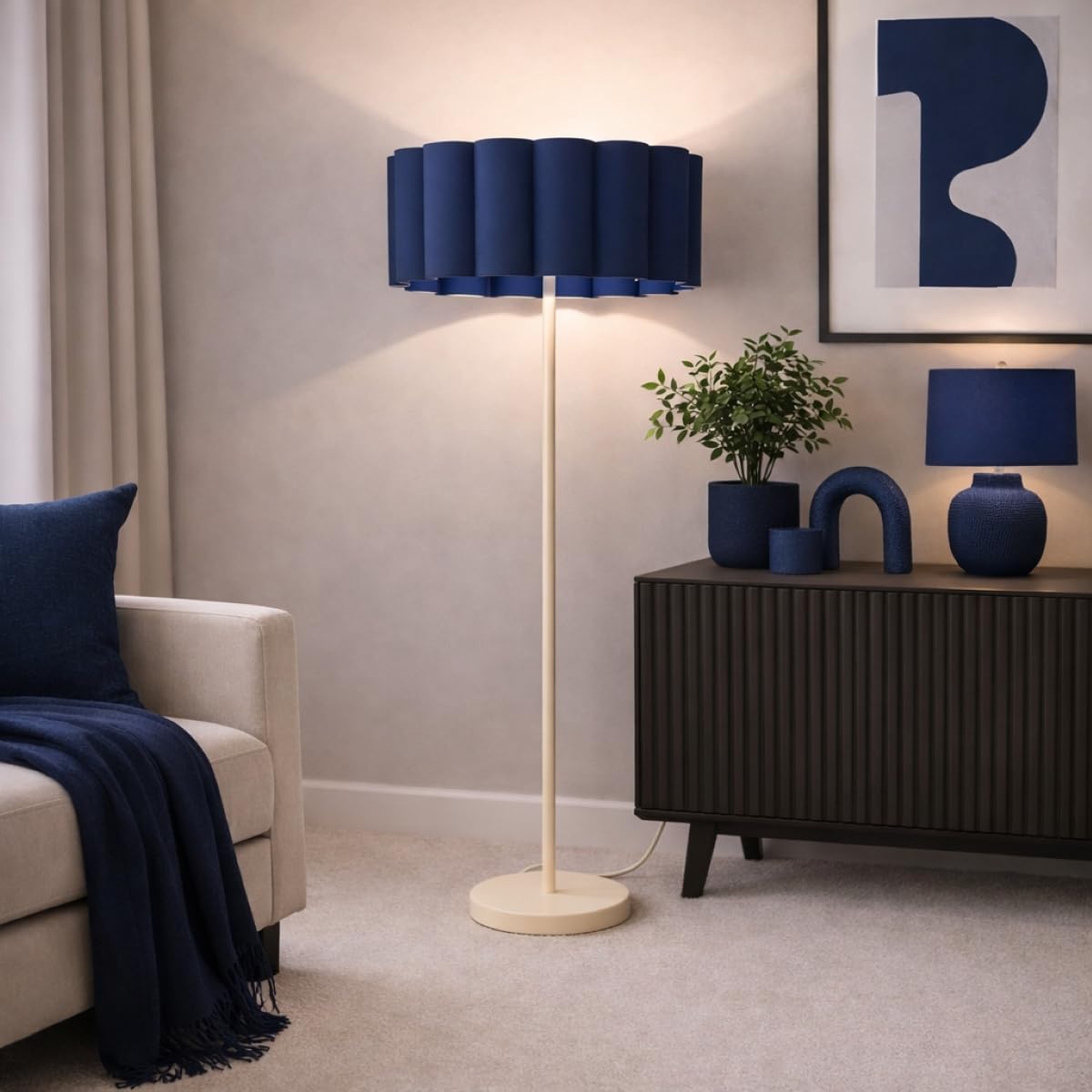 CGC Lighting Indoor Floor Lamp Cream Off White Corner Standing Reading Light and Lampshade Living Room Lounge (Navy Lampshade)