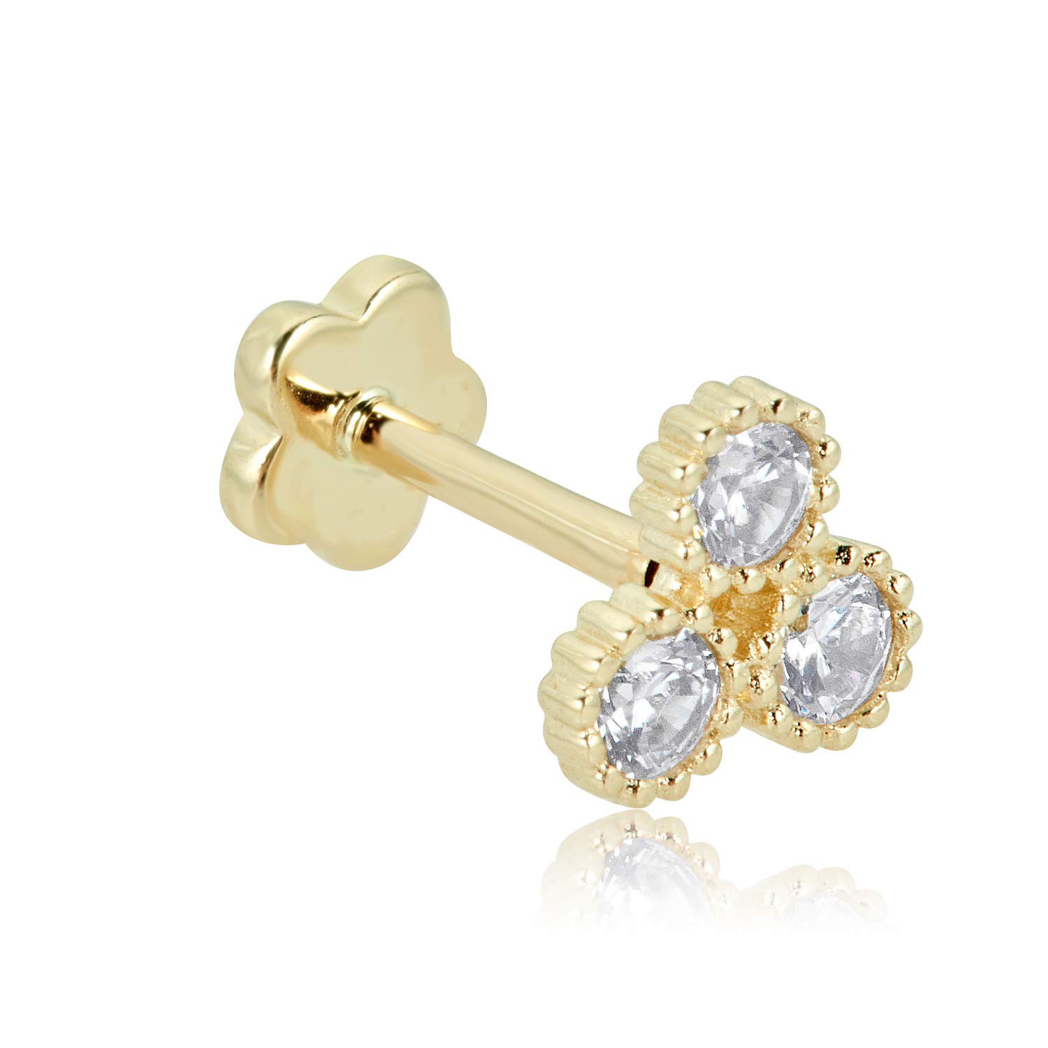 AVORA 14K Gold Simulated Diamond CZ Triangle Cartilage Piercing Flat Back Earring Body Jewelry (18 Gauge)