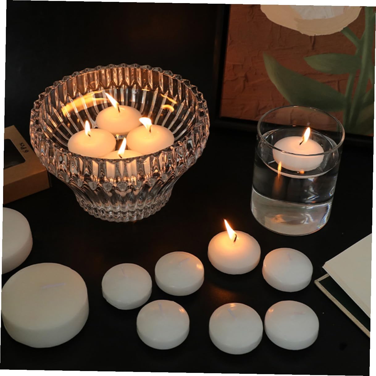 OSALADI 6pcs Unscented Floating Tea Candles Small 4.5x2.5cm Dripless Wax Ornamental Candles for Wedding Birthday Party Romantic Centerpiece Home Decor