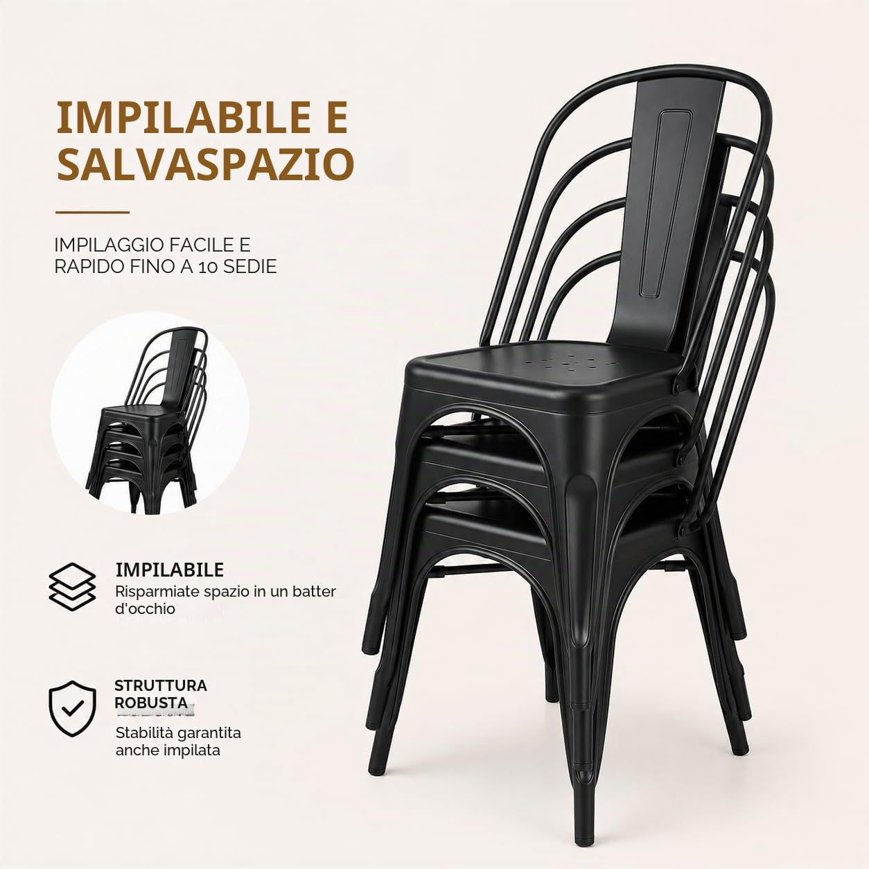 Kosmi Set 4 Sedie Industriali in Metallo Nero Opaco – Sedie Impilabili per Sala da Pranzo, Cucina, Soggiorno, Ufficio e Ristorante – Struttura in Acciaio Robusta – Portata 120 kg