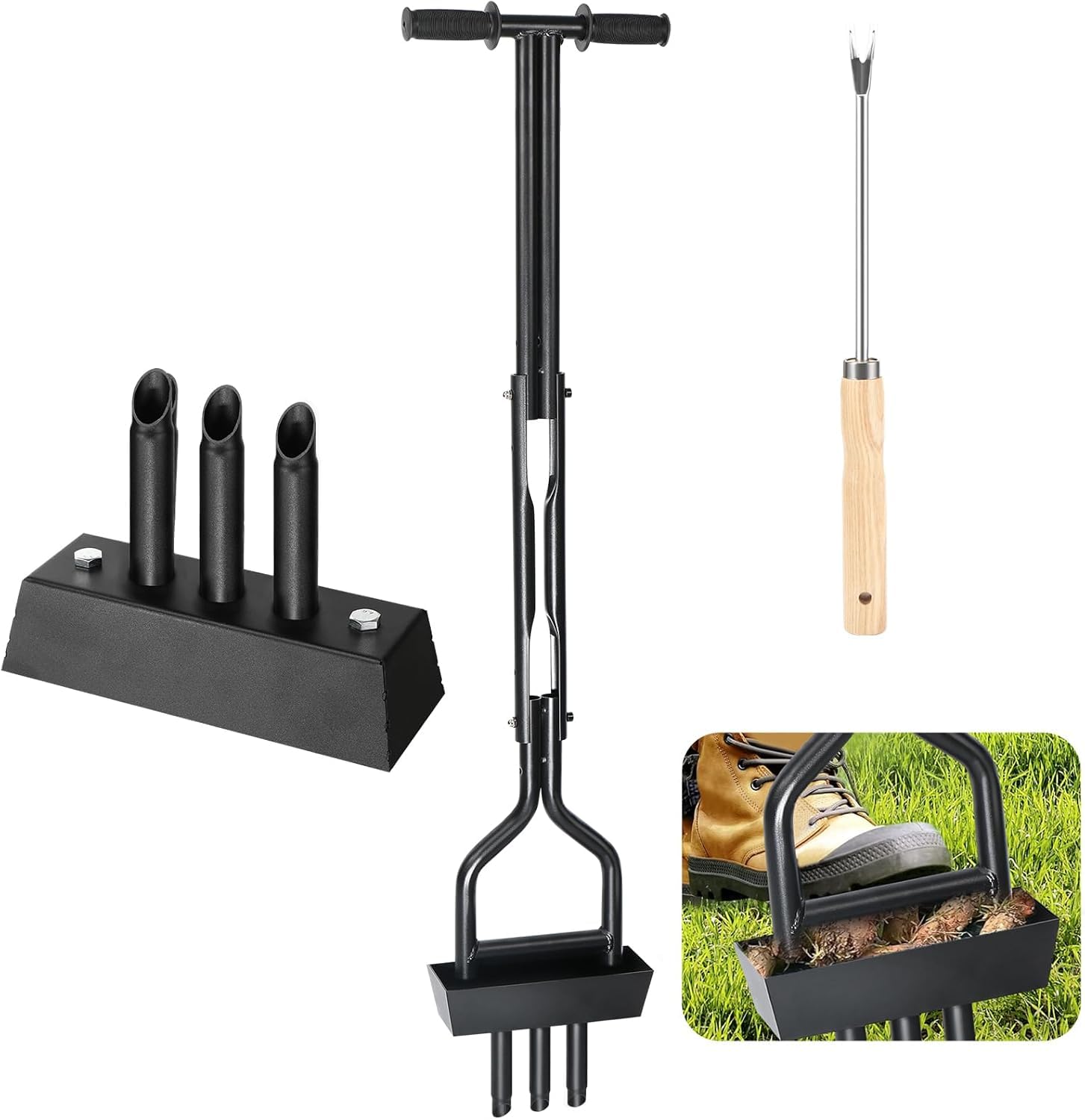 Aerator do trawnika, napowietrzacz trawnika z narzędziem do czyszczenia, 3 rdzenie z szyną podłogową, do trawników lub podwórek, zagęszczonych gleb i trawników w ogrodzie – ręczne narzędzia