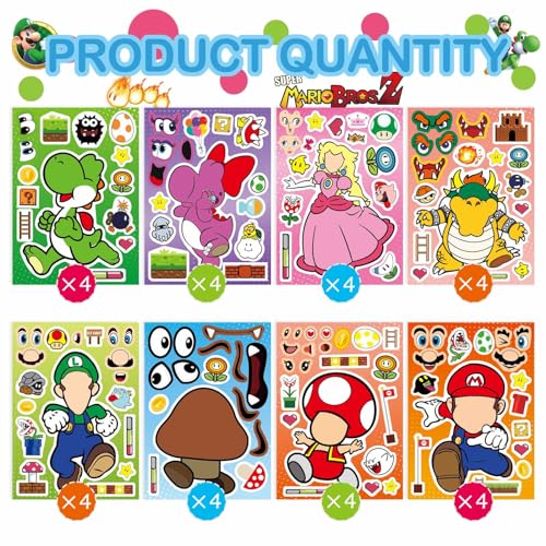 Image of 32 Sheets Mario Make a Face Stickers, Cartoon Book Crafts for Kids, DIY Party Supplies Favors Your Own Mixed and Matched with Different Designs Characters Birthday Gifts Class Reward Decor 13+