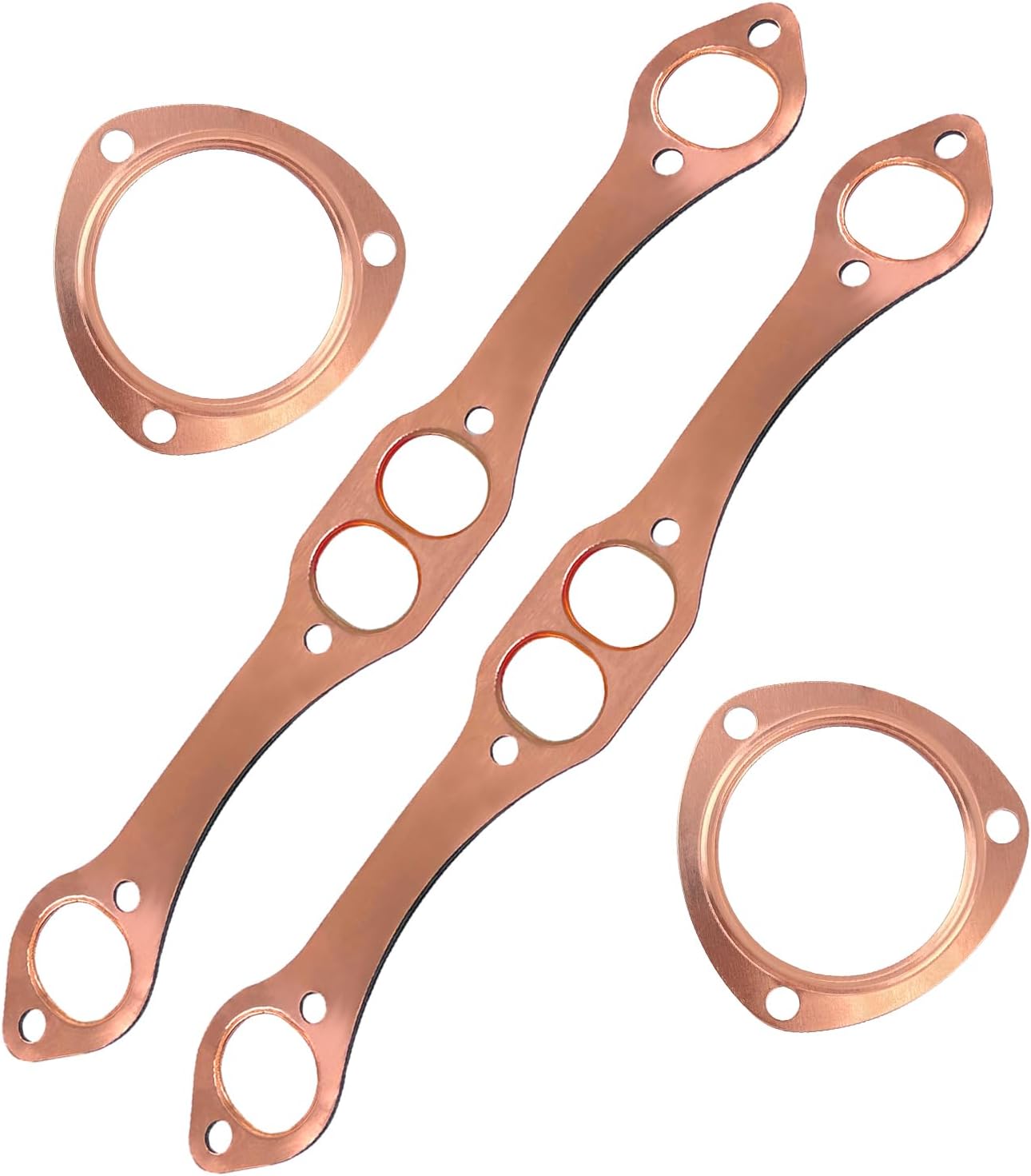4Pcs SBC Oval Copper Exhaust Manifold Header Gaskets & 3" Triangle Exhaust Flange Set for SBC Chevy 262 283 305 327 350 383 400 Small Blocks V8 Engine Reusable Leak-Proof