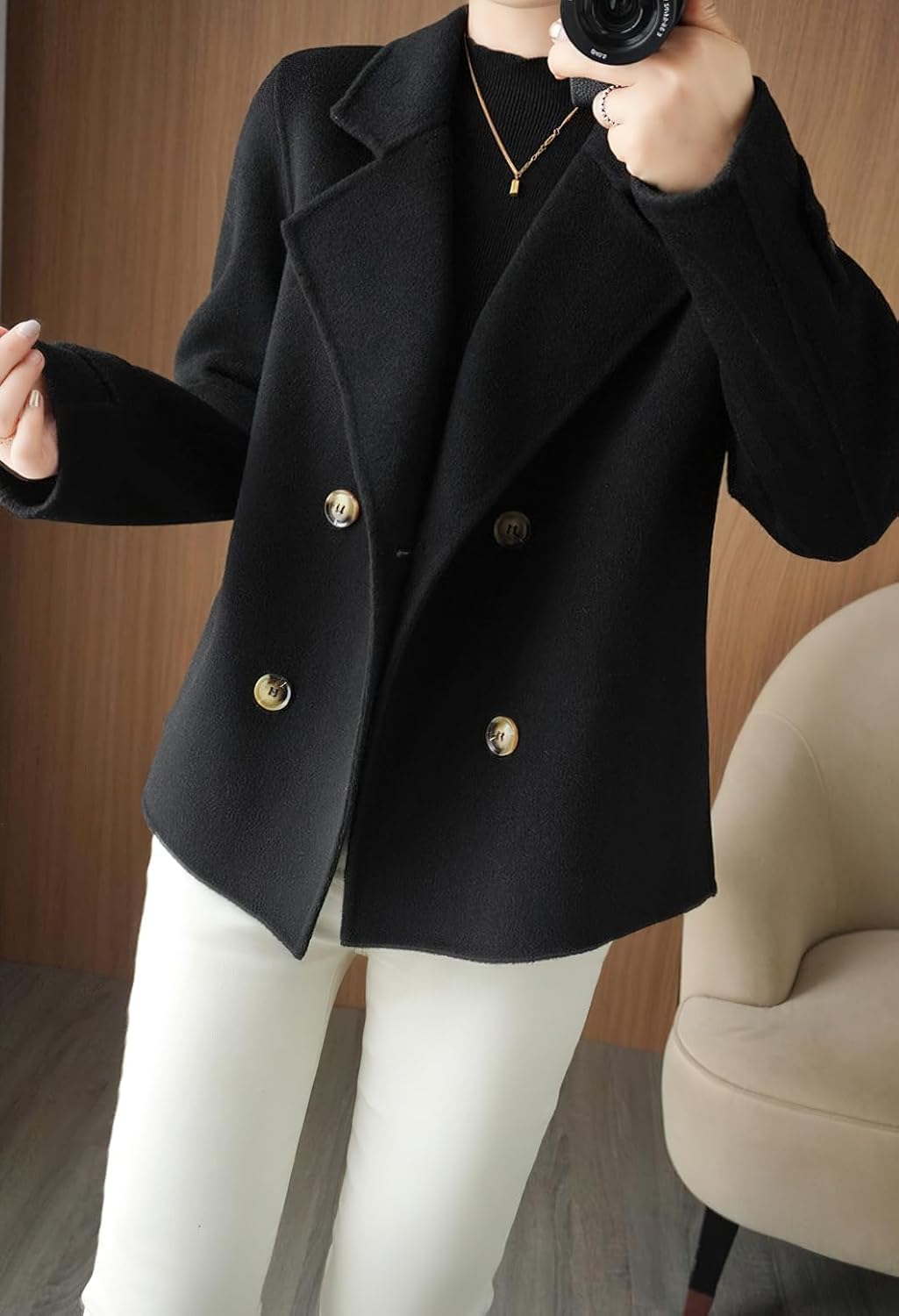 Cappotto Corto Da Donna in Misto Lana Casual Elegante Da Lavoro Con Risvolto Autunno E Inverno Giacca Spessa Doppiopetto Alla Moda