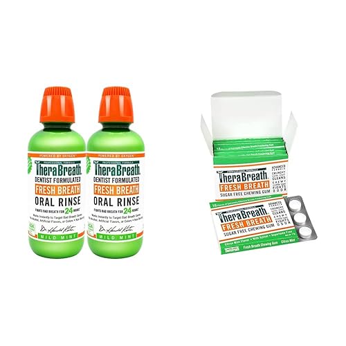 TheraBreath Fresh Breath - Enjuague oral, menta suave, botella de 16 onzas (paquete de 2) y chicle Fresh Breath con zinc, menta cítrica, 60 piezas