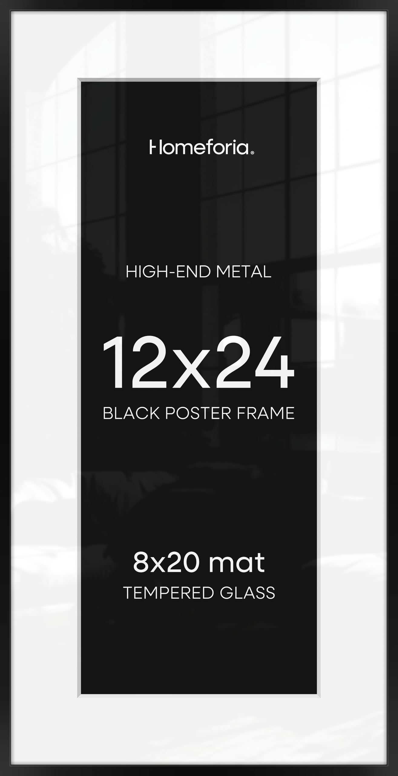 Homeforia 12x24 Black Picture Frame, High-End Metal, 8x20 Mat, Glass | High End Aluminum, Tempered Glass, Acid-Free 8x20 Removable Mat, 12x24 in Edge-to-Edge Display 24x12, Wall Kit, Set Of 1