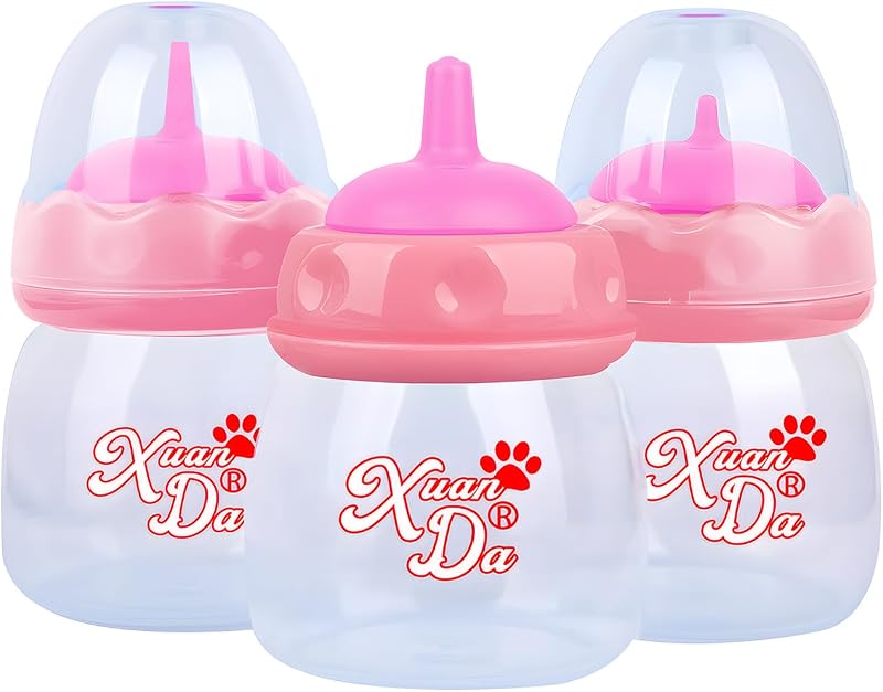 Mamadeira para Amamentação de Gatos e Pequenos Animais Xuanda com 3 Bicos e Válvula de Ventilação, 60 mL, Rosa – Pacote com 3