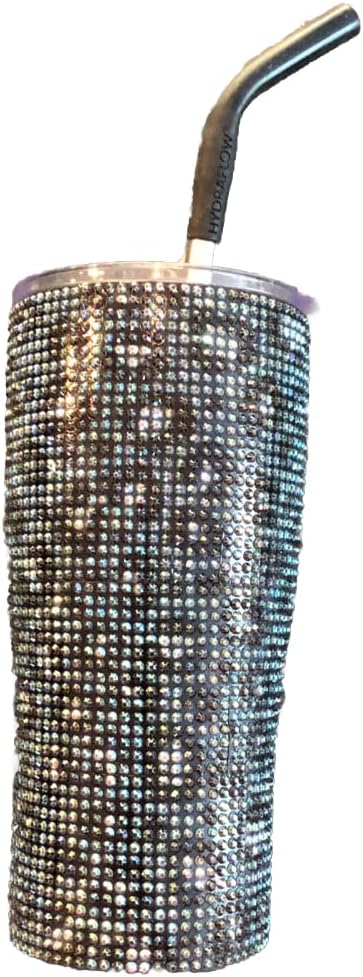 HYDRAFLOW Capri BLING - 20oz Tumbler with Straw - Triple Wall Vacuum Insulated Insulated Travel Cup - Stainless Steel - Reusable Cup with Dual Lid (Leopard Bling Rhinestone)