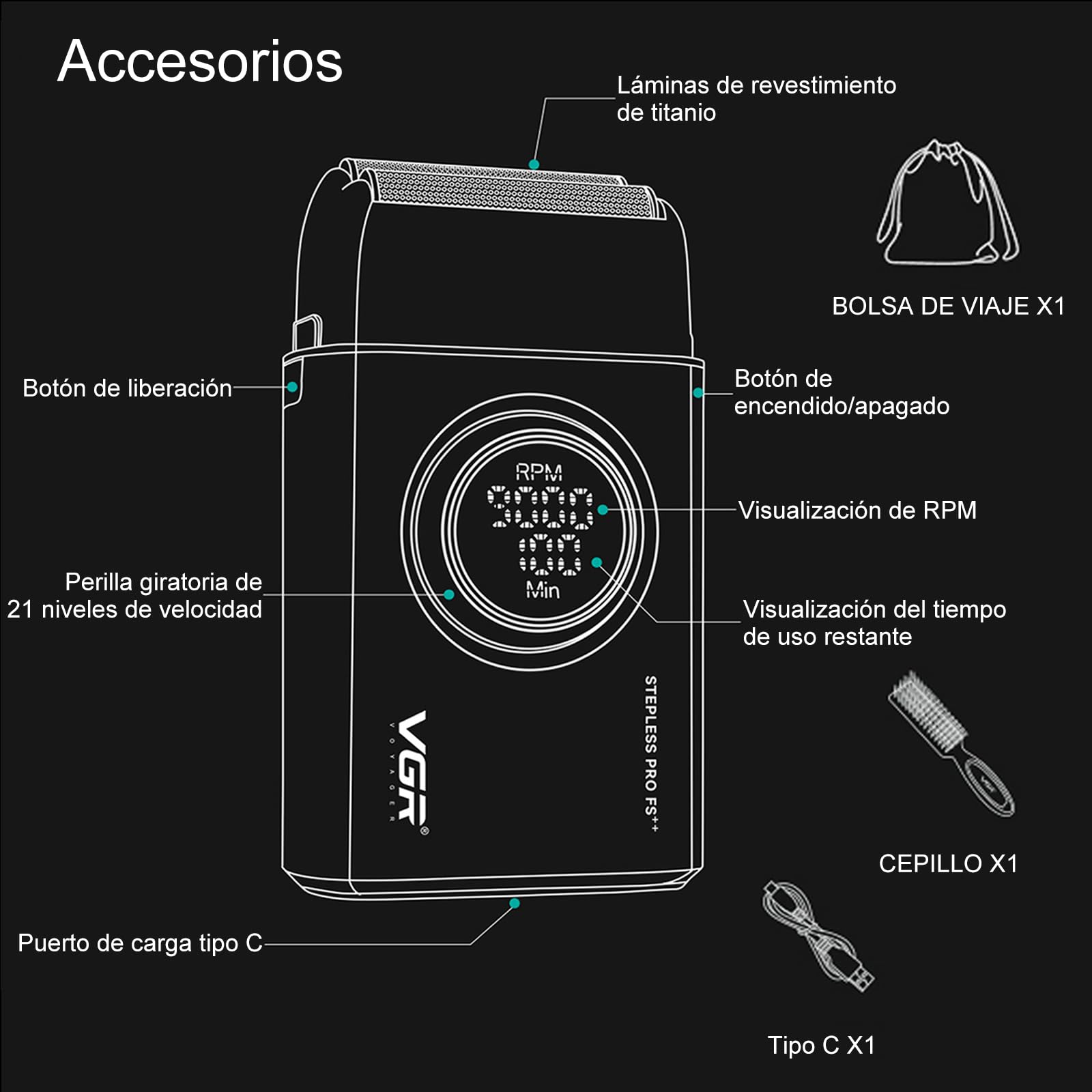 VGR 377 Afeitadora de Aluminio para Hombres, Maquinilla de Afeitar Eléctrica para Afeitarse la Cara con Doble Lámina, 21 Velocidades y 9000 RPM, con Motor de 21 Velocidades, Pantalla LED