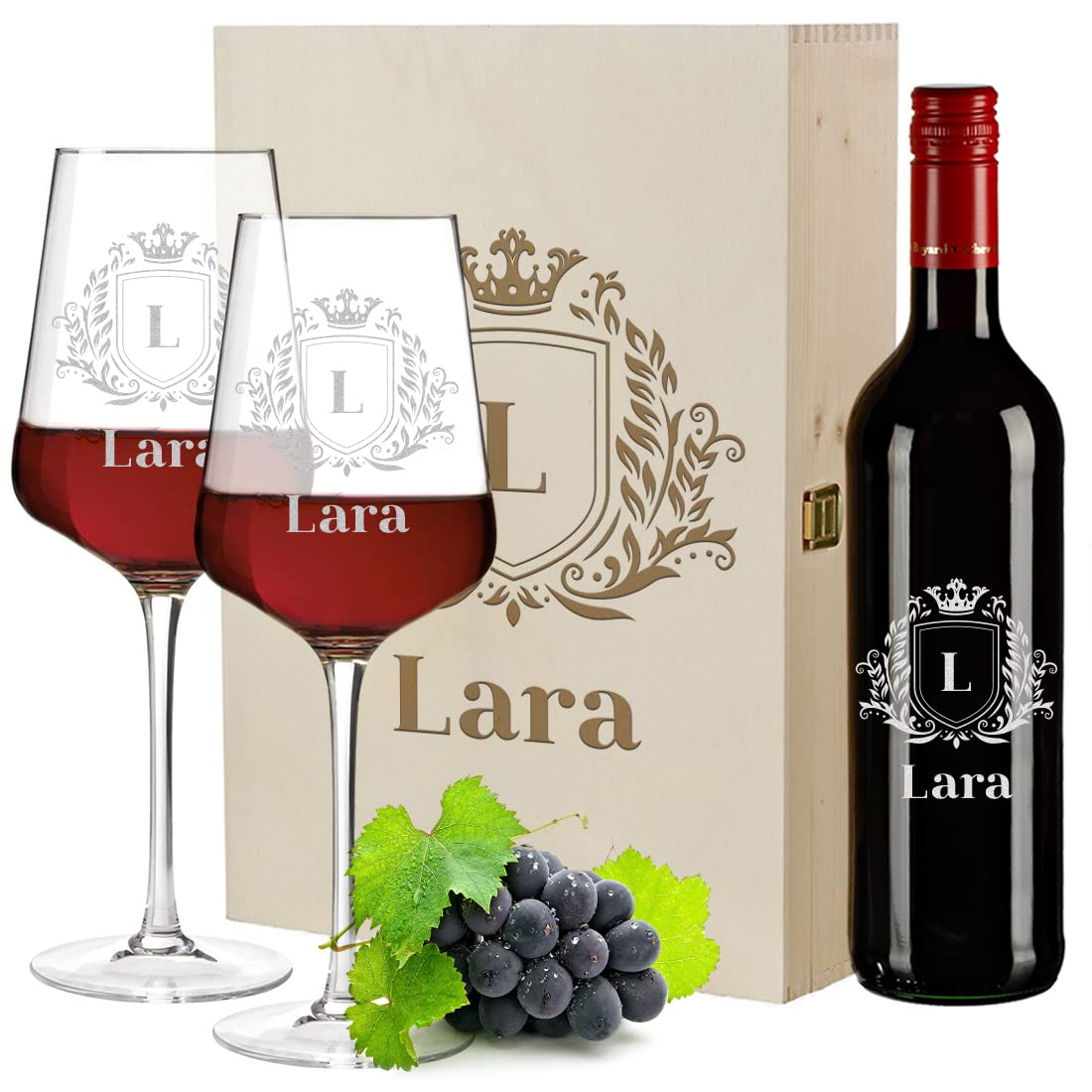 polar-effekt 4-TLG Wein Geschenkset mit Wunschgravur - Motiv Wappen - personalisiert - 2X Weingläser 560 ml, 1x Holzkiste, 1x Rotweinflasche 700 ml - Weißwein - DIY - Genuss - Mann, Frau - Geburtstag