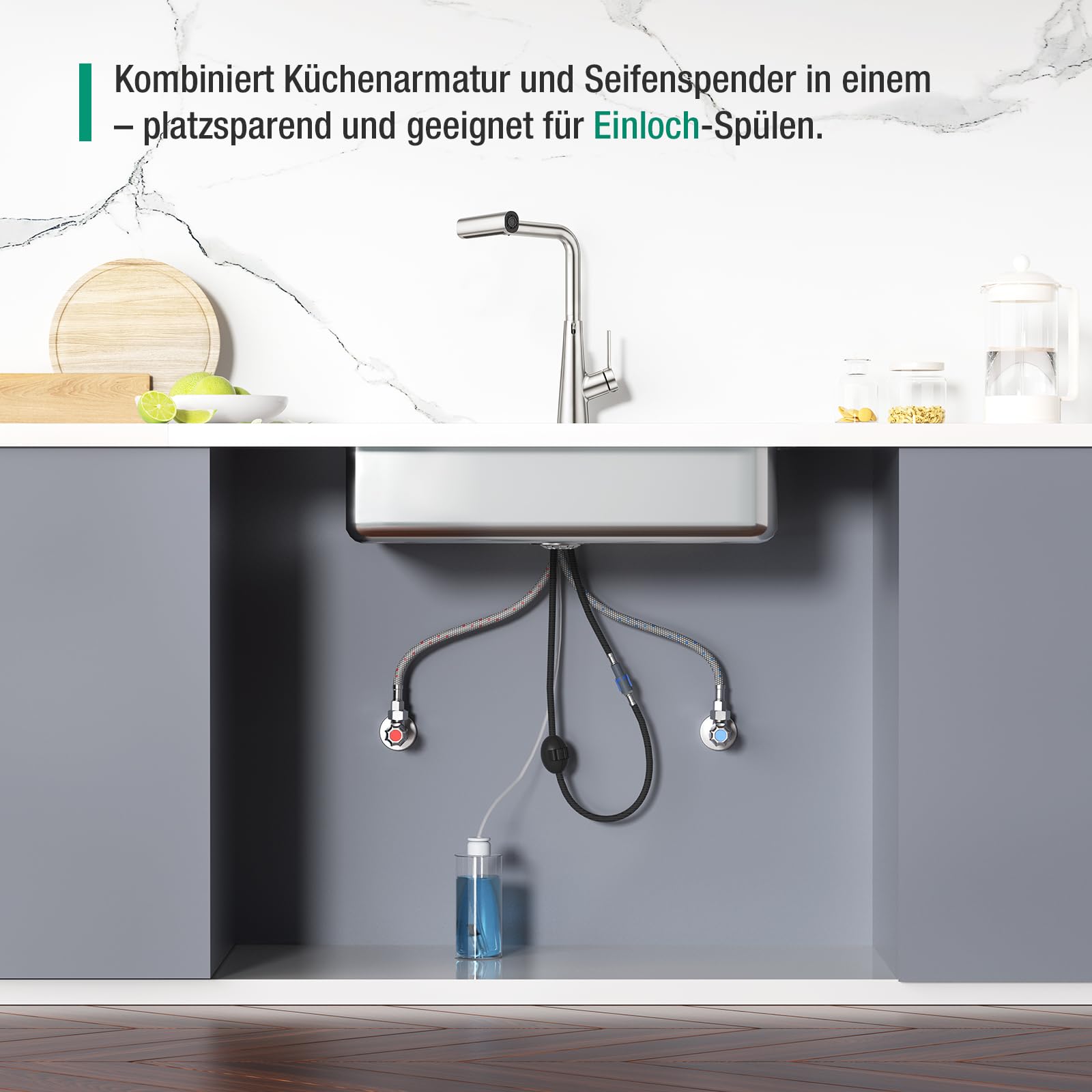 CREA Wasserfall Wasserhahn Küche Ausziehbar,Mischbatterie mit Seifenspender | 360° Drehbar Edelstahl Küchenarmatur mit 4 Strahlarten Brause,Einhebel küchenwasserhahn mit Seifenspender,Gebürstet